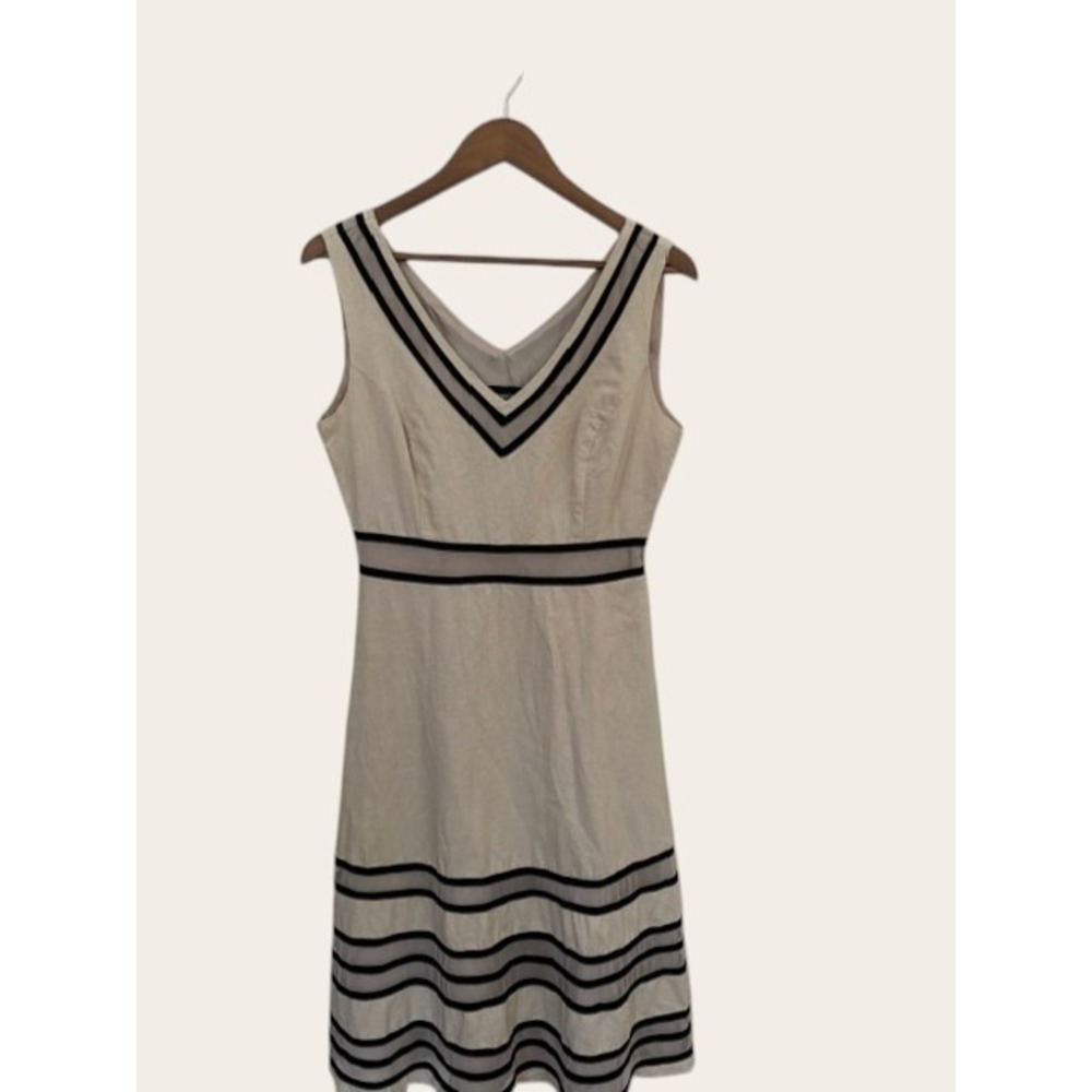 Marianne Linen Cotton Striped Mesh Panel V-Neck Midi Dress Beige Black Size 10